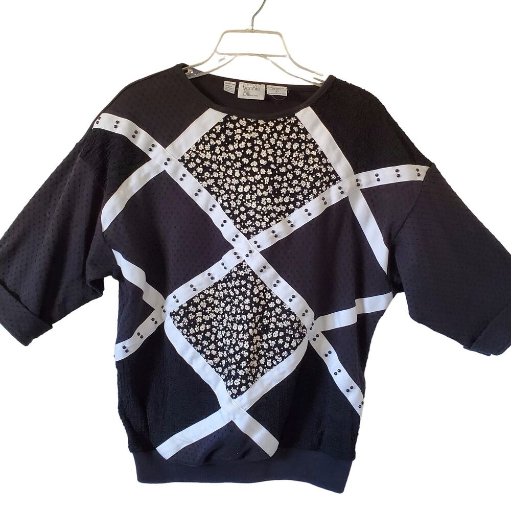 Vintage Bonnie and Bill Top Womens L Black Patchwork Batwing Sleeve Sweater